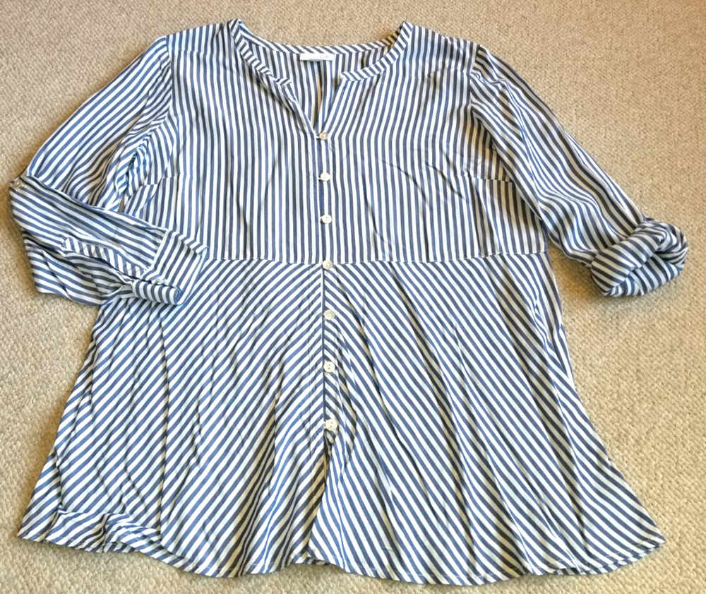 Womens Top-J. JILL-blue/white striped flowy buttondown tunic Resort Coastal-PM